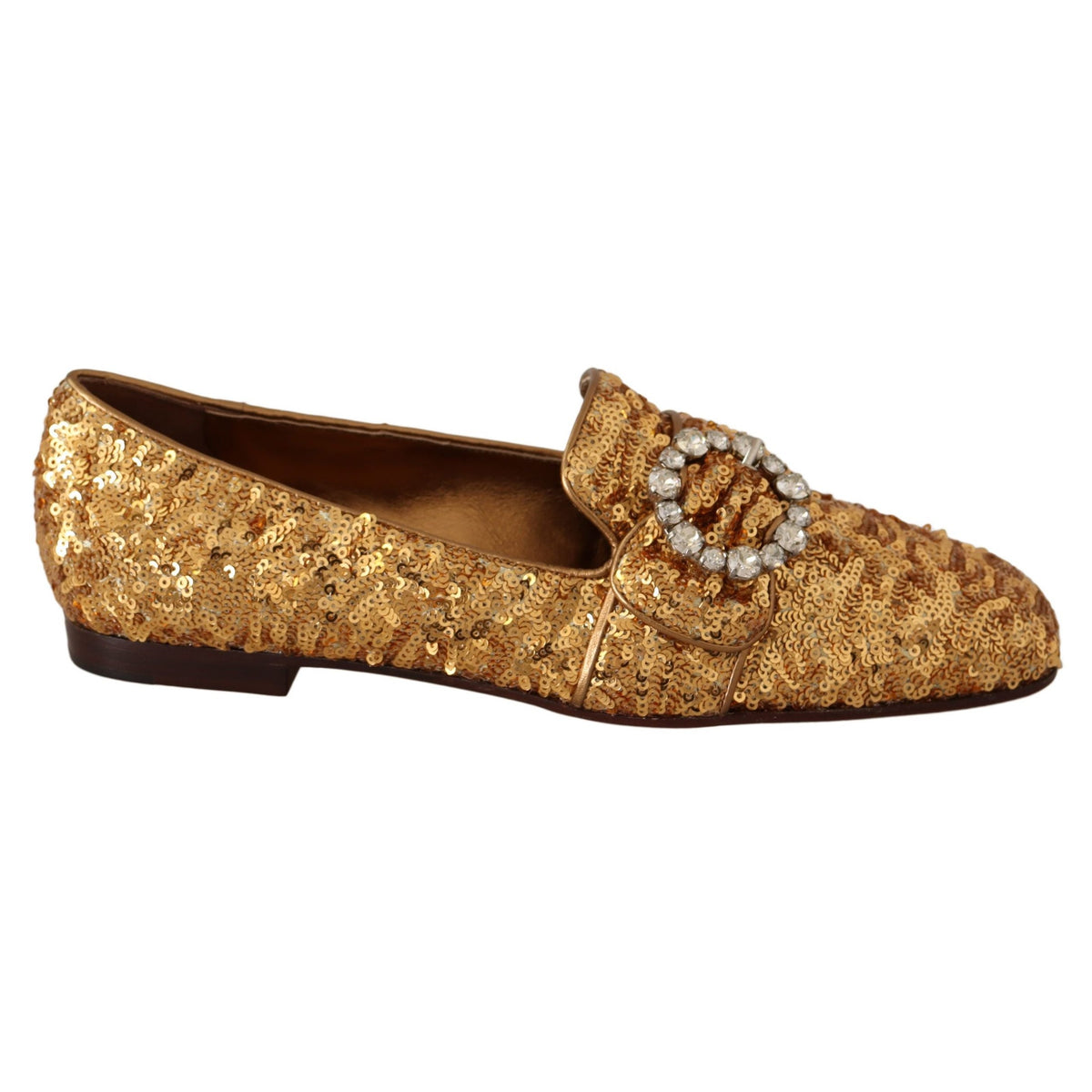 Dolce & Gabbana Gold Sequin Crystal Flat Women Loafers Shoes