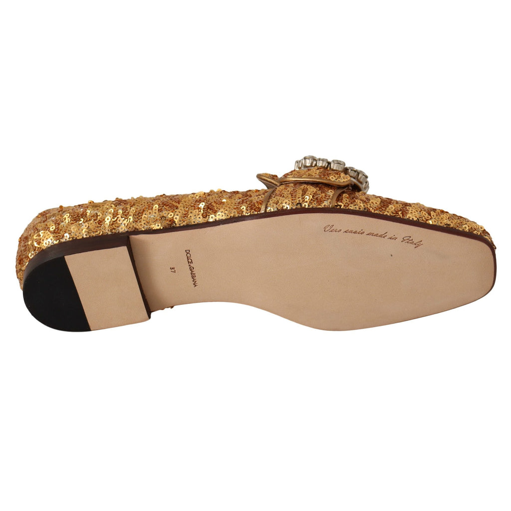 Dolce & Gabbana Gold Sequin Crystal Flat Women Loafers Shoes