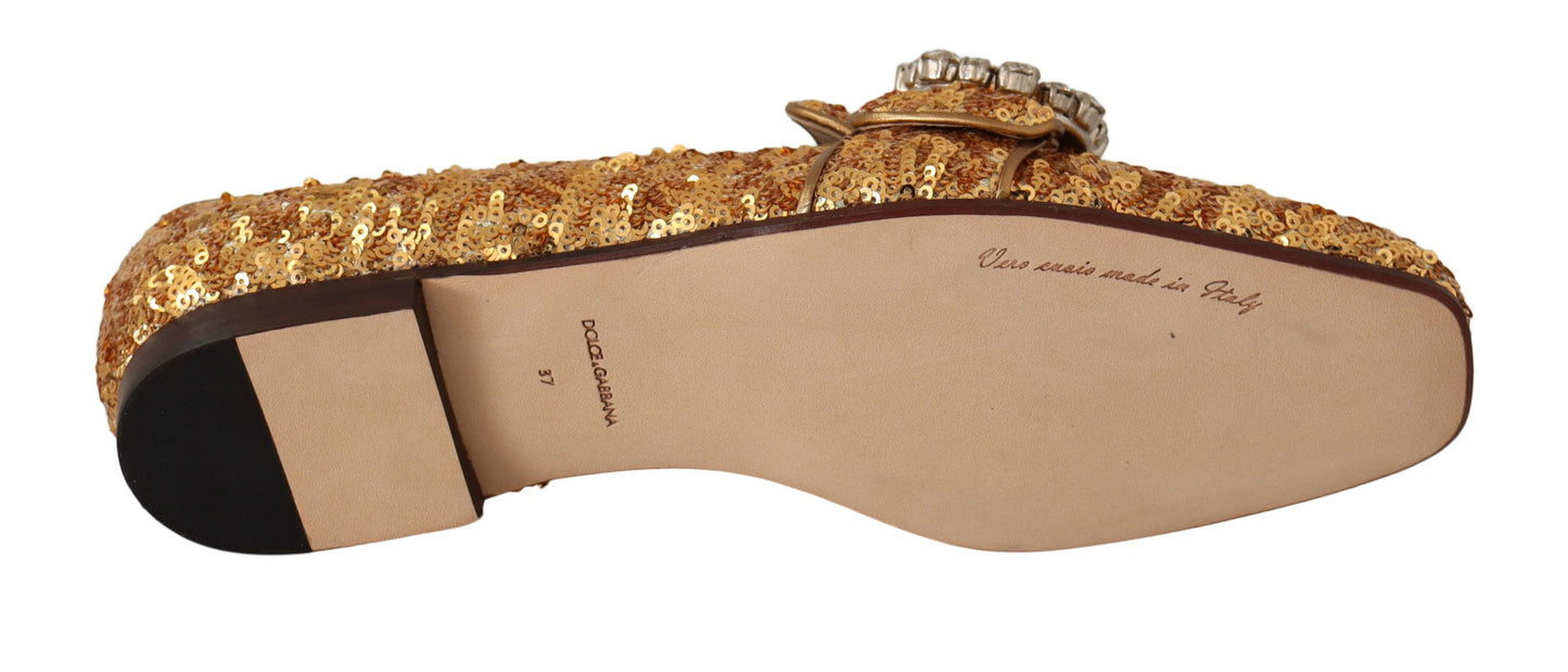 Dolce & Gabbana Gold Sequin Crystal Flat Women Loafers Shoes Dolce & Gabbana