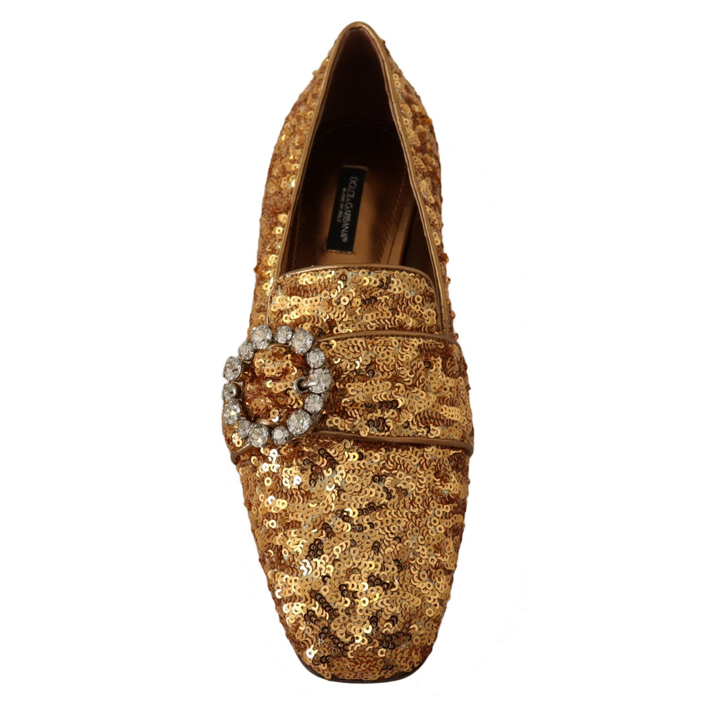 Dolce & Gabbana Gold Sequin Crystal Flat Women Loafers Shoes