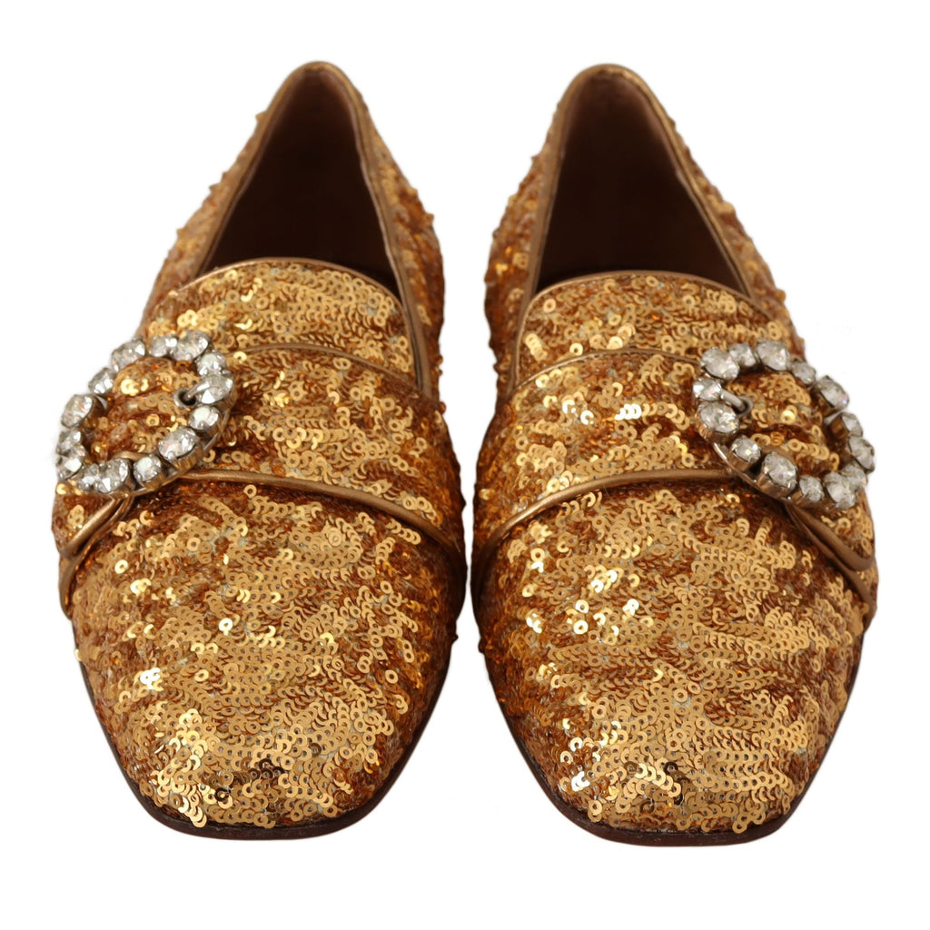 Dolce & Gabbana Gold Sequin Crystal Flat Women Loafers Shoes