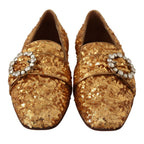 Dolce & Gabbana Gold Sequin Crystal Flat Women Loafers Shoes