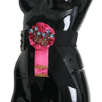 Dolce & Gabbana Black Pink Flower Brooch Crystals Cotton Belt