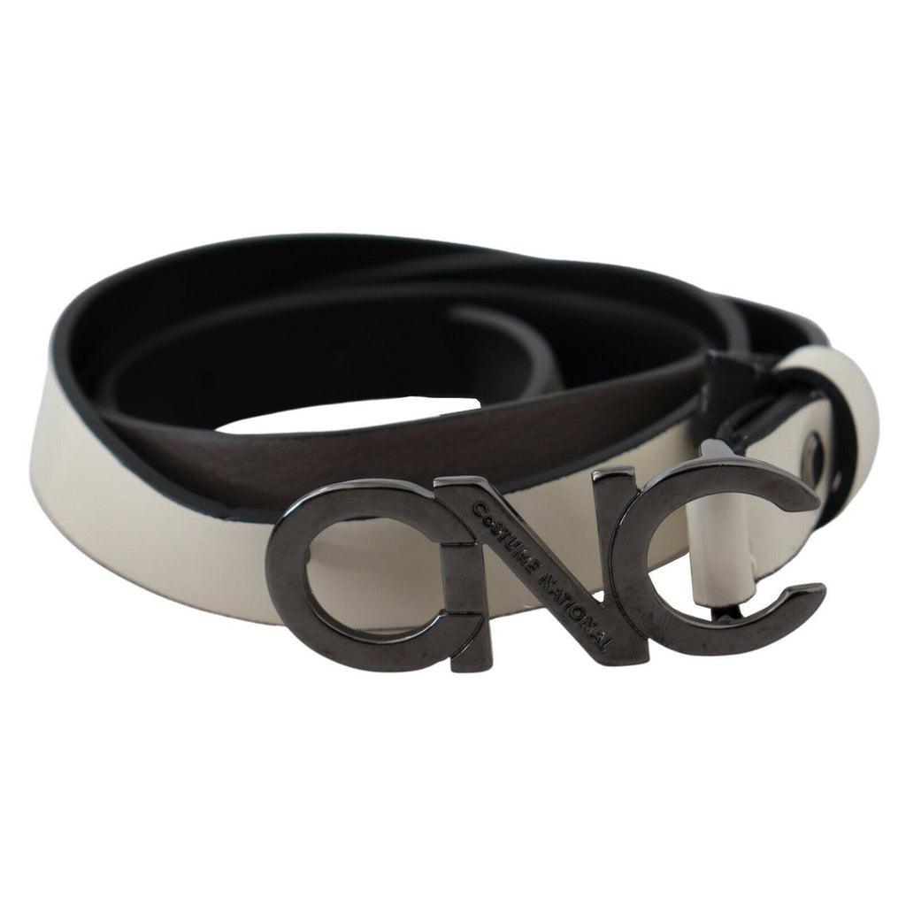 Costume National White Black Leather Letter Logo Buckle Belt