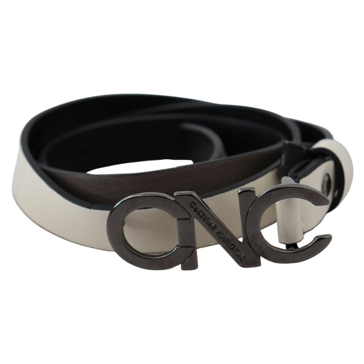 Costume National White Black Leather Letter Logo Buckle Belt