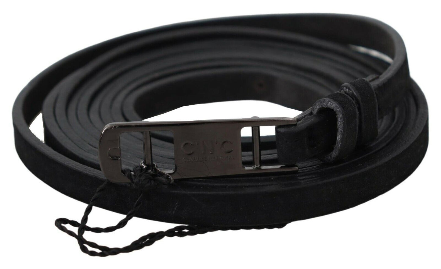 Costume National Black Leather Skinny Logo Buckle Belt Costume National