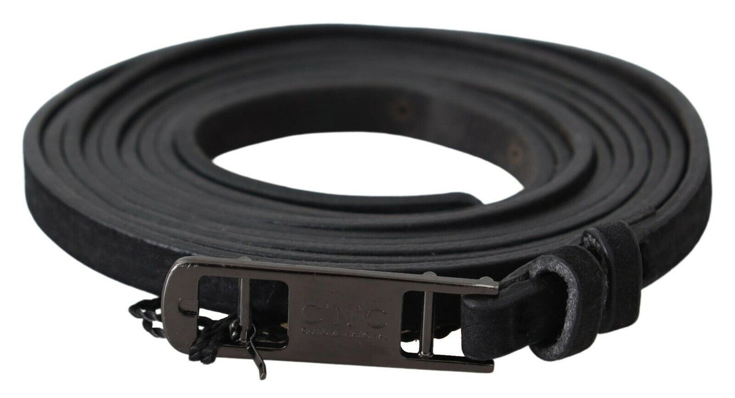 Costume National Black Leather Skinny Logo Buckle Belt Costume National