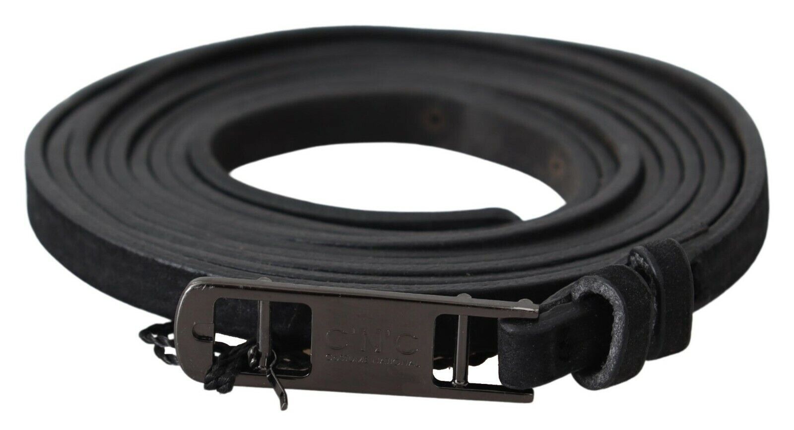 Costume National Black Leather Skinny Logo Buckle Belt Costume National
