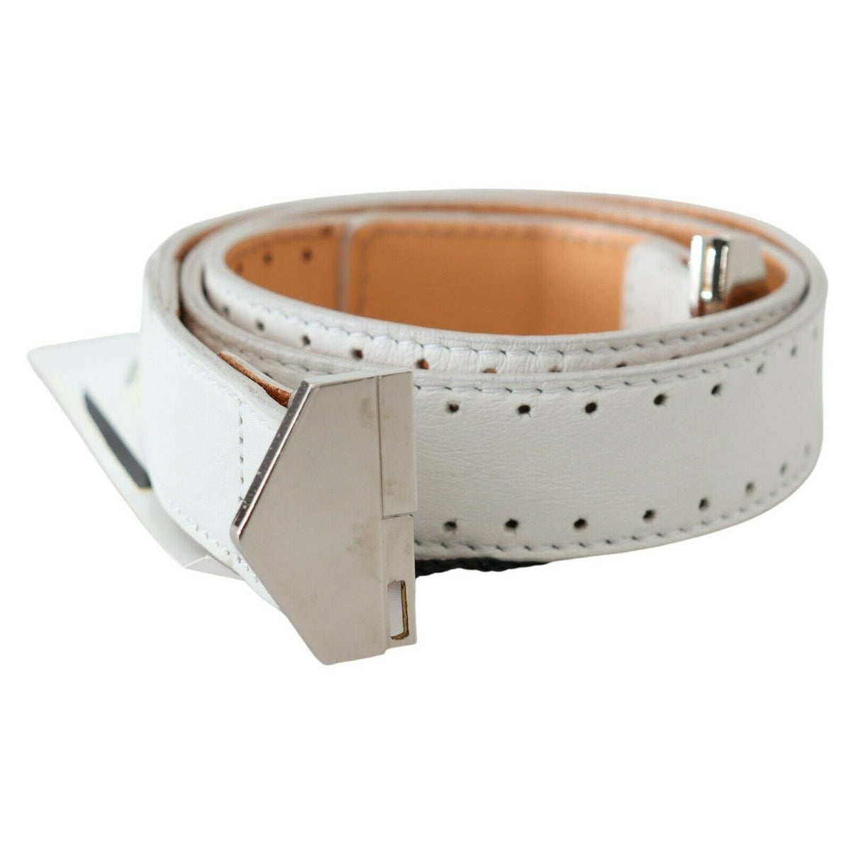 GF Ferre White Leather Hexagon Logo Buckle Waist Belt