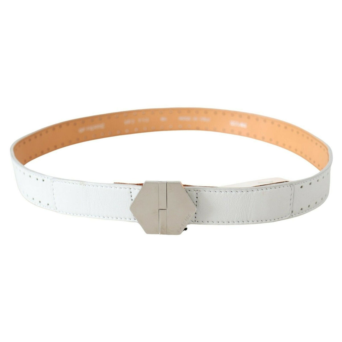 GF Ferre White Leather Hexagon Logo Buckle Waist Belt