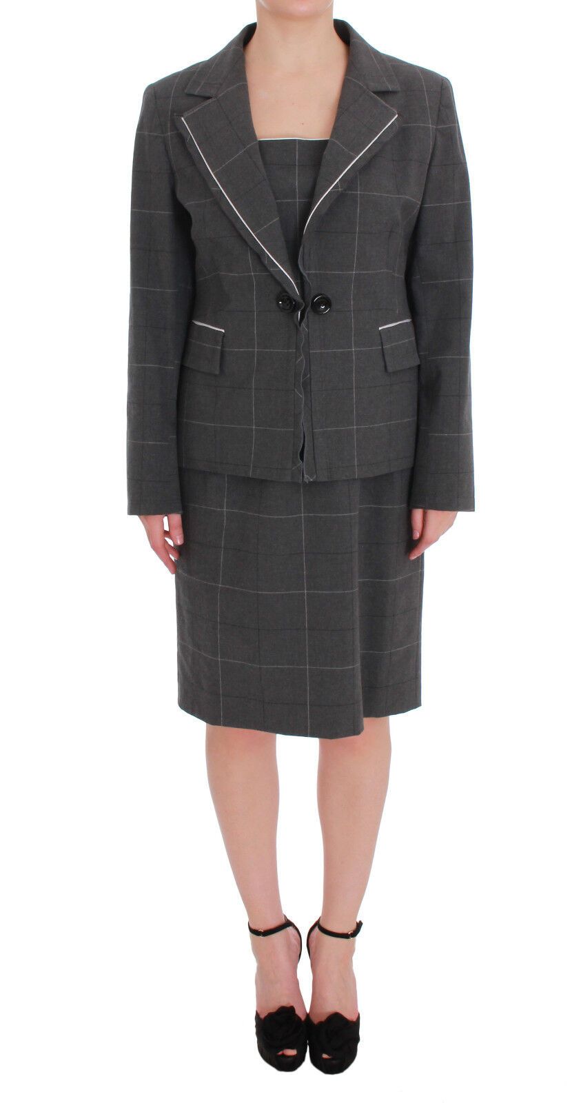 BENCIVENGA Gray Checkered Cotton Blazer Dress Set Suit BENCIVENGA
