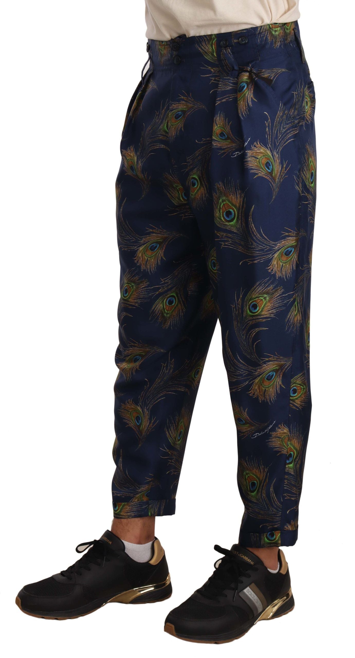 Dolce & Gabbana Blue Peacock Print Tapered Trousers Silk Pants Dolce & Gabbana