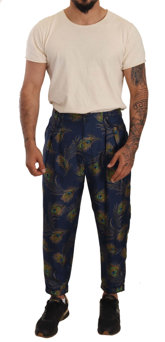 Dolce & Gabbana Blue Peacock Print Tapered Trousers Silk Pants Dolce & Gabbana