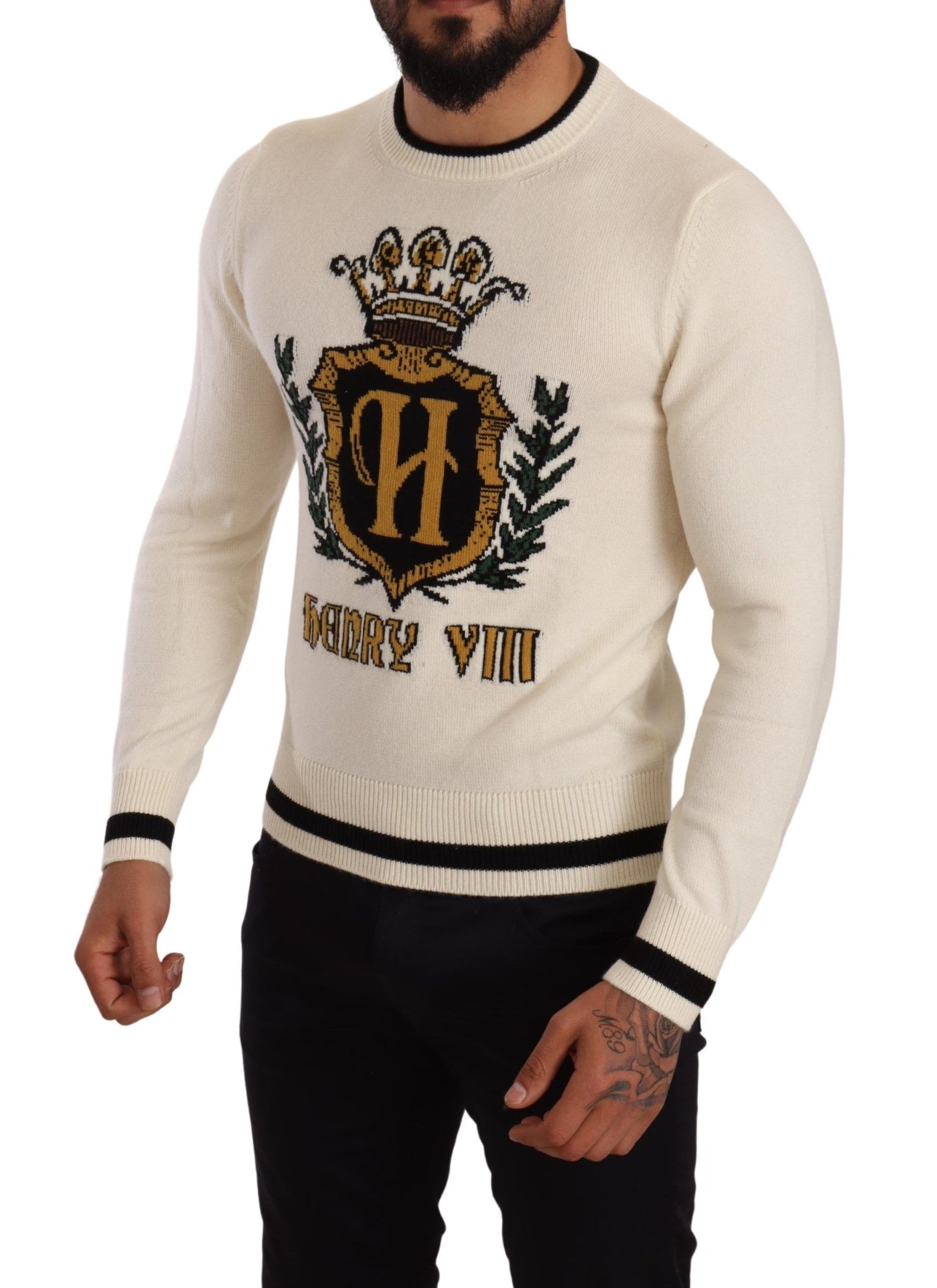 Dolce & Gabbana White Heraldic Cashmere Pullover Sweater Dolce & Gabbana