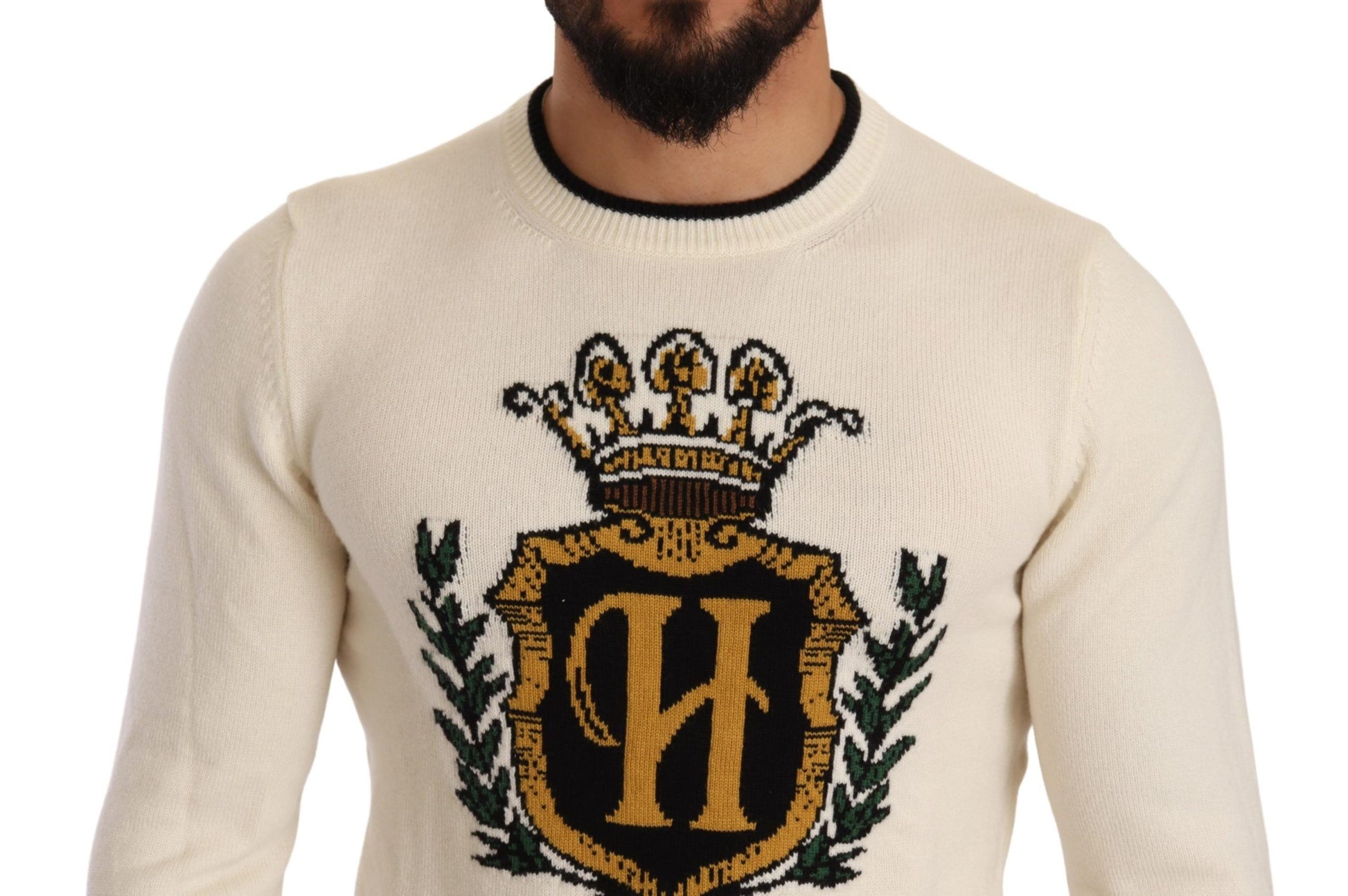 Dolce & Gabbana White Heraldic Cashmere Pullover Sweater Dolce & Gabbana