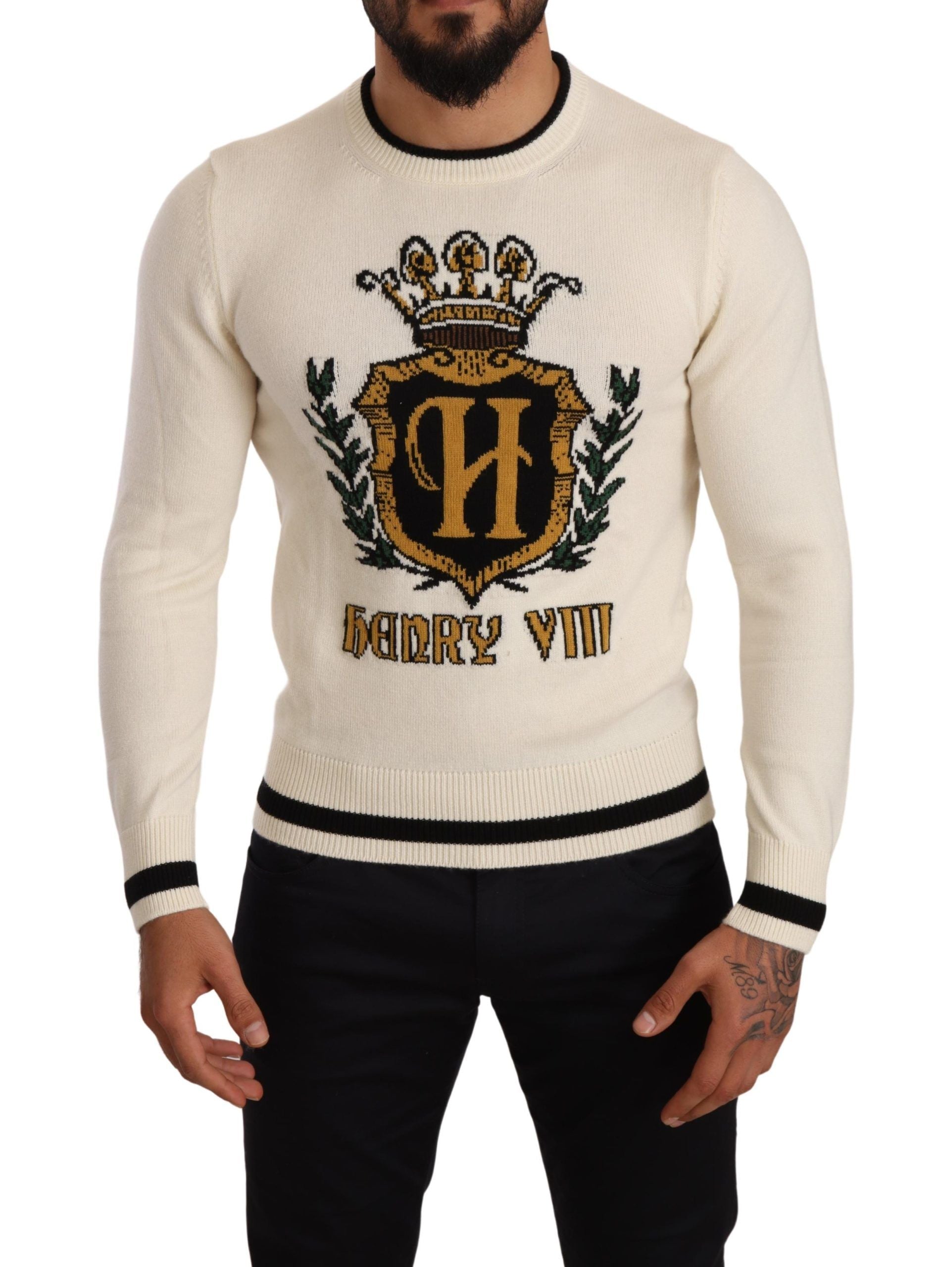 Dolce & Gabbana White Heraldic Cashmere Pullover Sweater Dolce & Gabbana