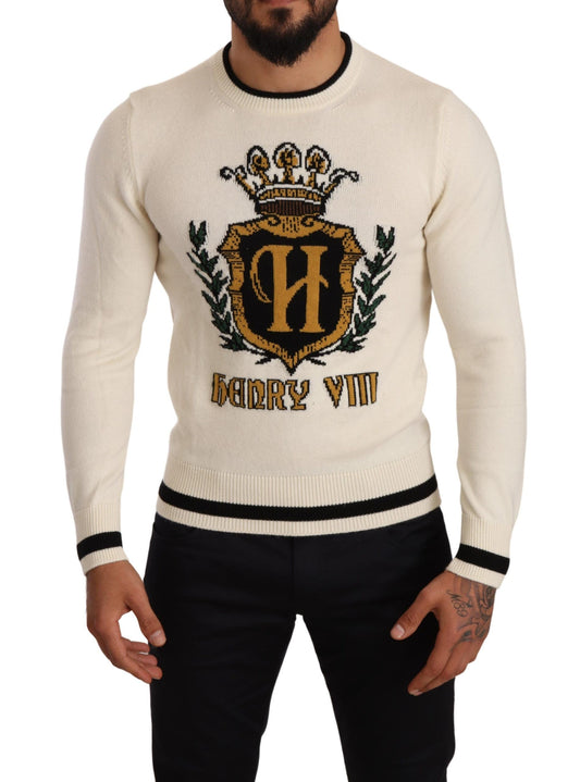 Dolce & Gabbana White Heraldic Cashmere Pullover Sweater Dolce & Gabbana