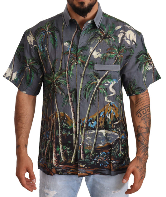 Dolce & Gabbana Gray Linen Tropical Print Collared Shirt Dolce & Gabbana