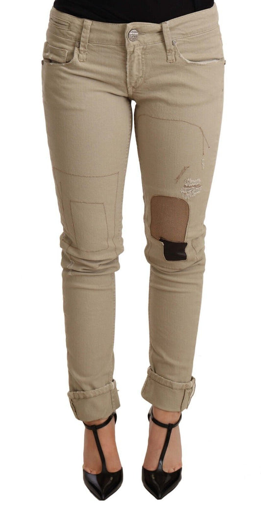 Acht Beige Denim Cotton Bottom Slim Fit Folded Pant Acht