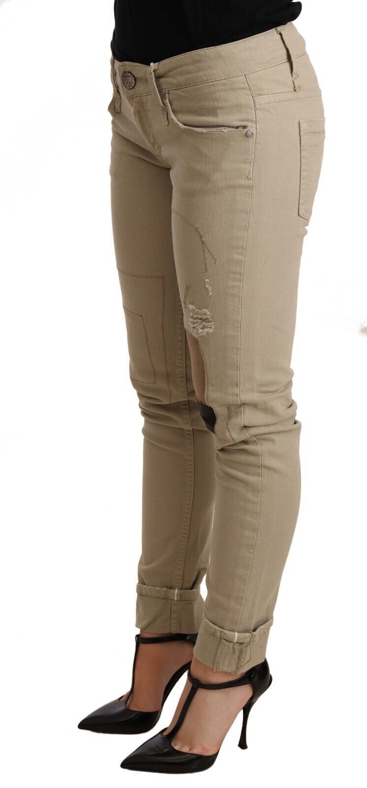Acht Beige Denim Cotton Bottom Slim Fit Folded Pant Acht