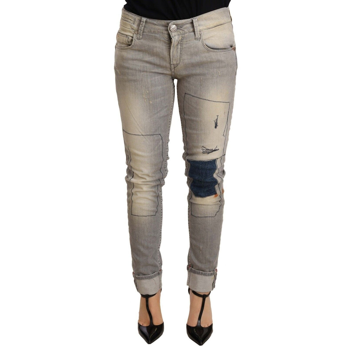 Acht Gray Cotton Slim Fit Folded Hem Women Denim Pant
