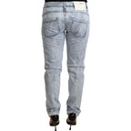 Acht Light Blue Washed Cotton Folded Hem Denim Trouser