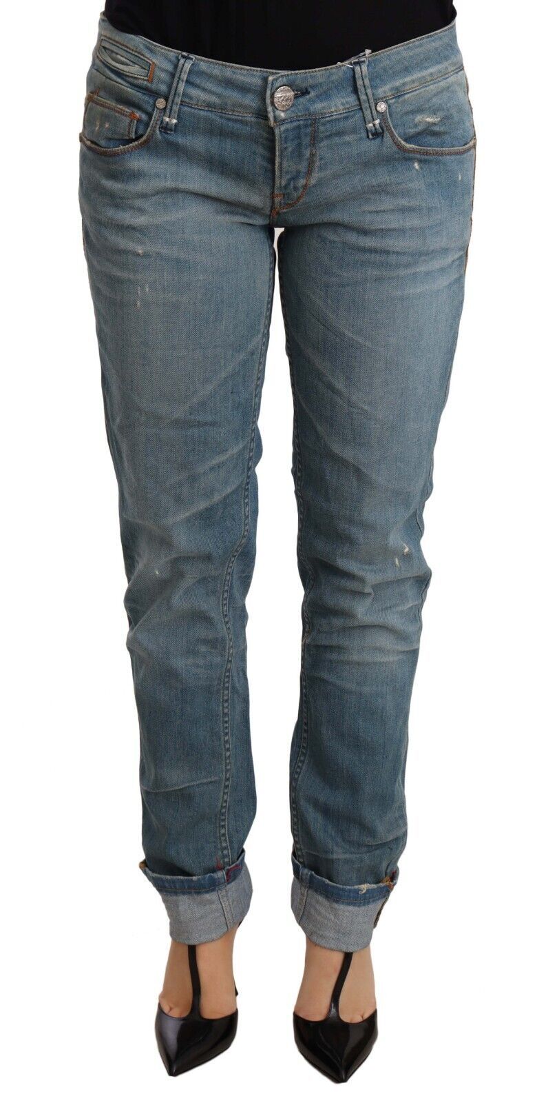 Acht Blue Washed Cotton Folded Hem Women Trouser Acht