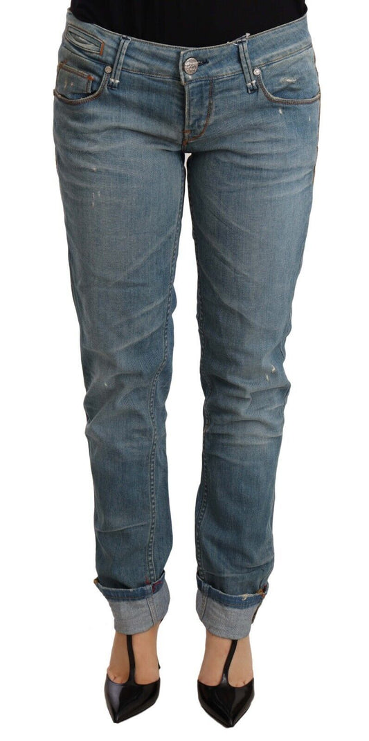 Acht Blue Washed Cotton Folded Hem Women Trouser Acht