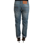 Acht Blue Washed Cotton Folded Hem Women Trouser