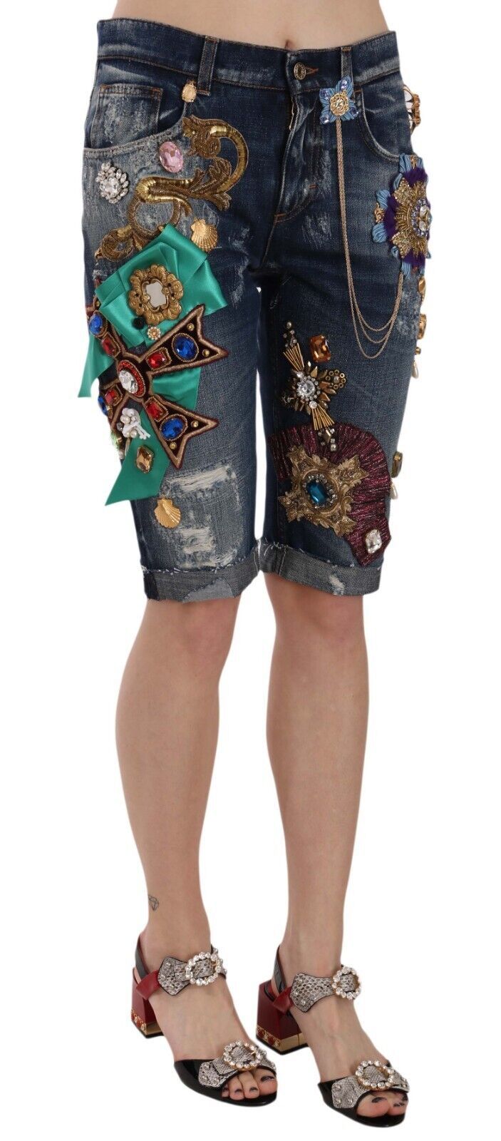 Dolce & Gabbana Blue Denim Mid Waist Crystal Capri Shorts Dolce & Gabbana