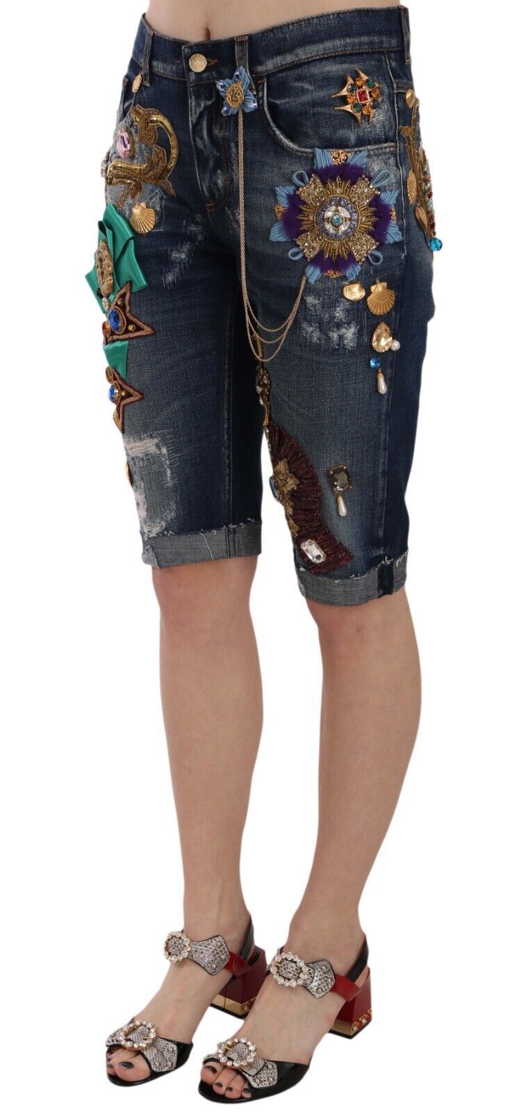 Dolce & Gabbana Blue Denim Mid Waist Crystal Capri Shorts Dolce & Gabbana