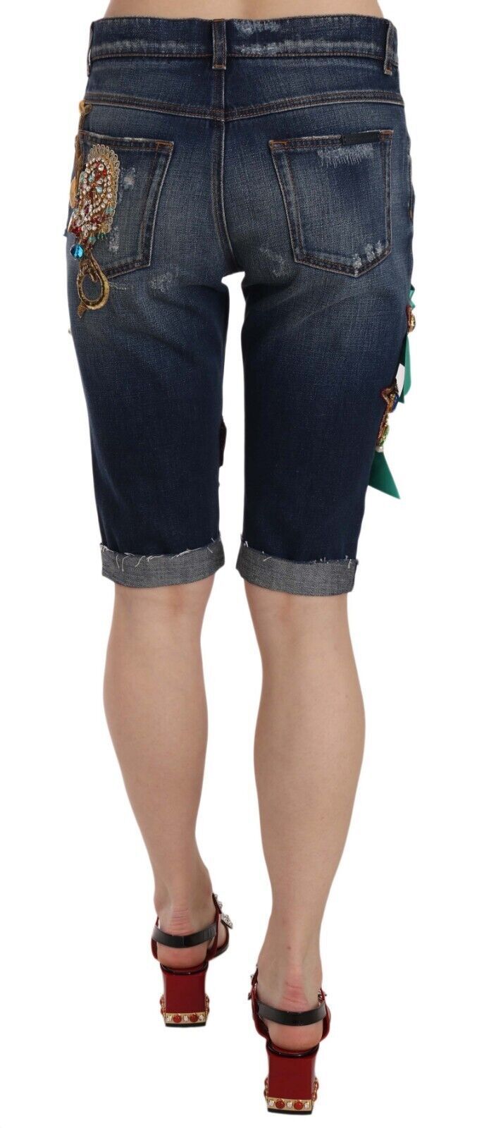 Dolce & Gabbana Blue Denim Mid Waist Crystal Capri Shorts Dolce & Gabbana