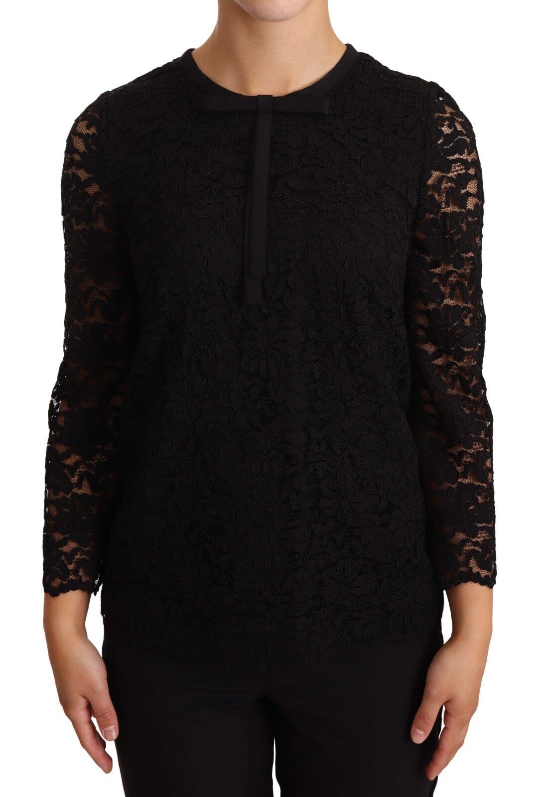 Black floral lace nylon blouse top by Dolce & Gabbana with intricate lace details and a stylish, elegant design.