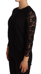 Dolce & Gabbana black floral lace nylon blouse top with long sleeves and intricate lace detailing.