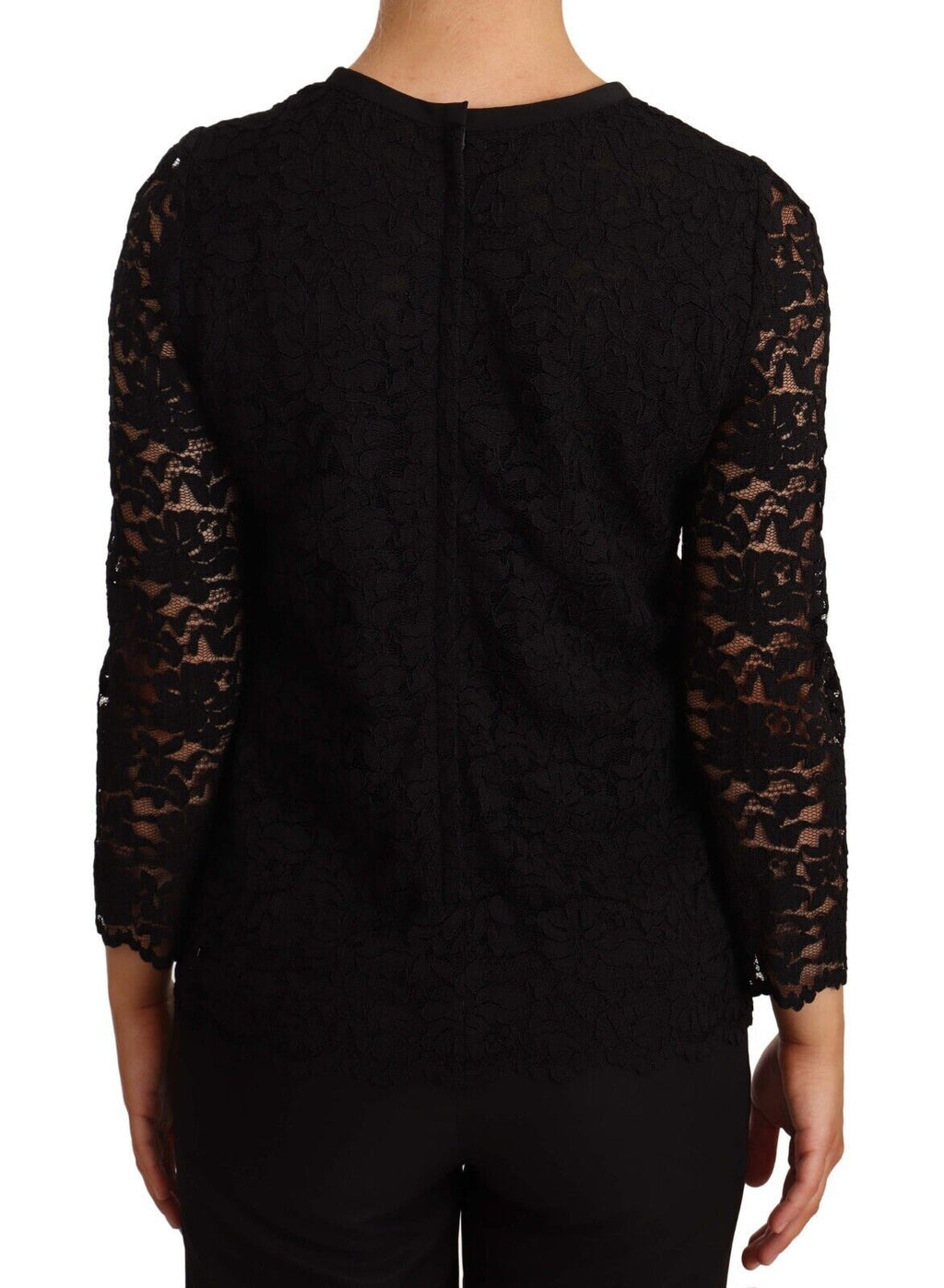 Dolce & Gabbana black floral lace nylon blouse top with long sleeves and intricate floral pattern, stylish and elegant.
