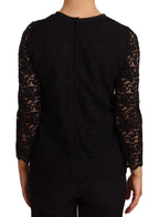 Dolce & Gabbana black floral lace nylon blouse top with long sleeves and intricate floral pattern, stylish and elegant.