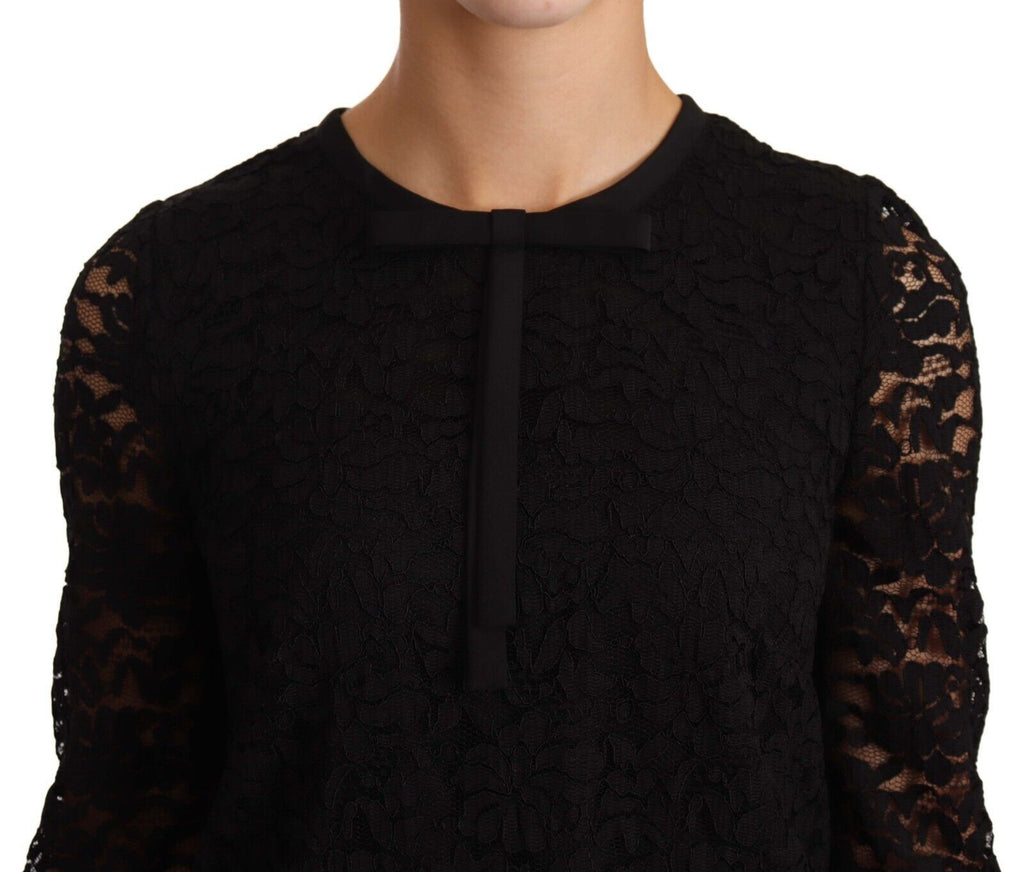 Black floral lace nylon blouse top by Dolce & Gabbana with intricate lace details and a stylish, elegant design.