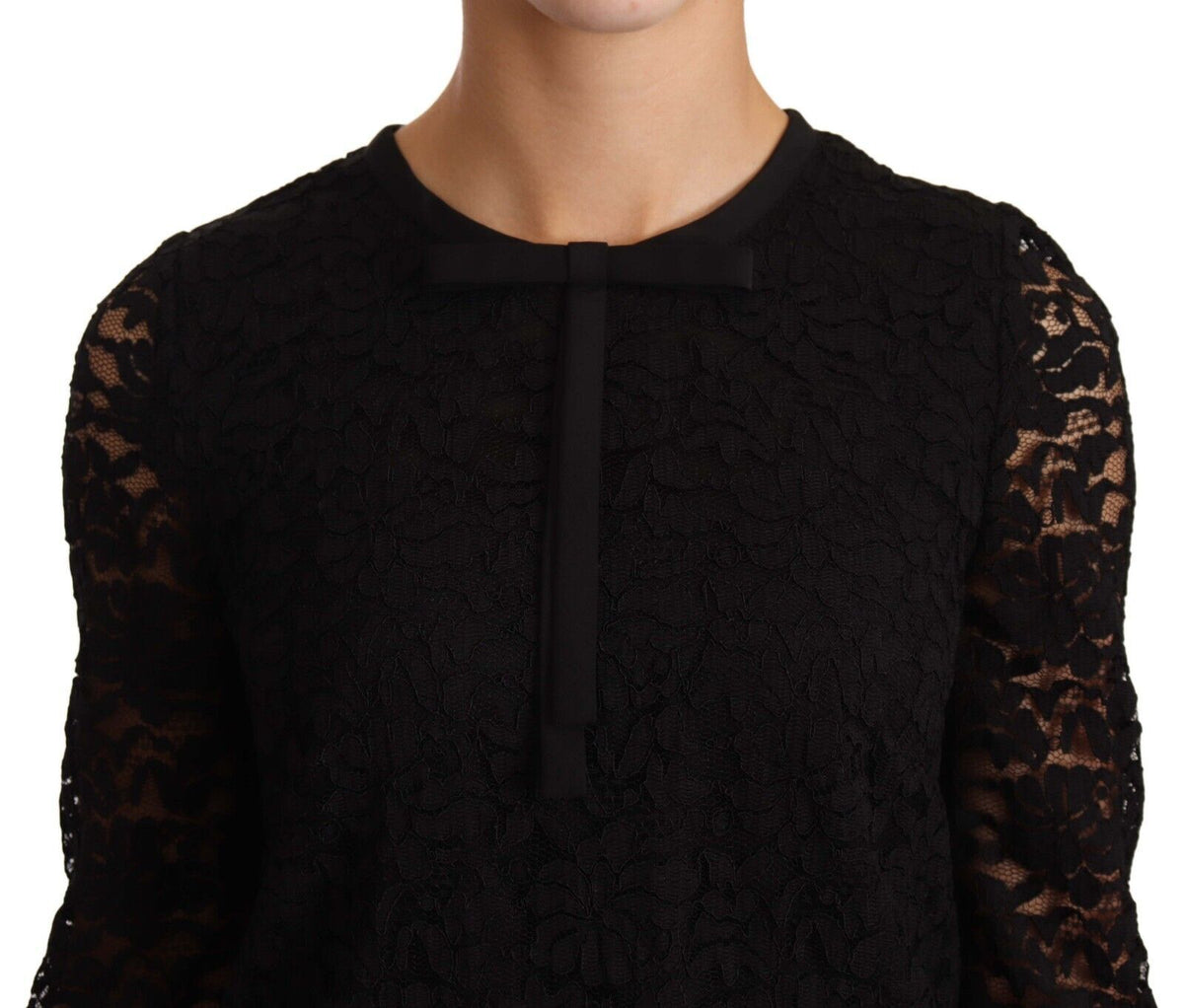 Black floral lace nylon blouse top by Dolce & Gabbana with intricate lace details and a stylish, elegant design.