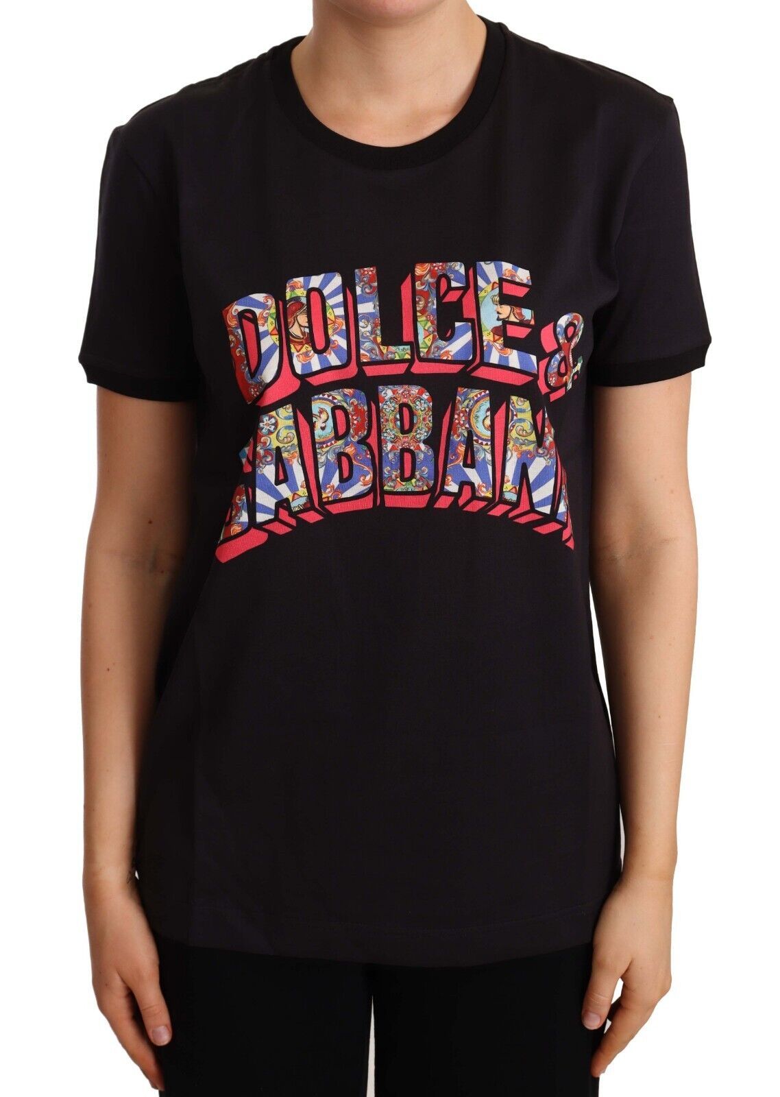 Dolce & Gabbana Black Cotton Large Print Top Crewneck T-shirt Dolce & Gabbana