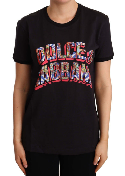 Dolce & Gabbana Black Cotton Large Print Top Crewneck T-shirt Dolce & Gabbana