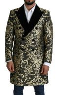 Dolce & Gabbana black gold jacquard long coat with intricate pattern and tailored fit, showcased on a model.