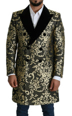 Dolce & Gabbana black gold jacquard long coat with intricate pattern and tailored fit, showcased on a model.