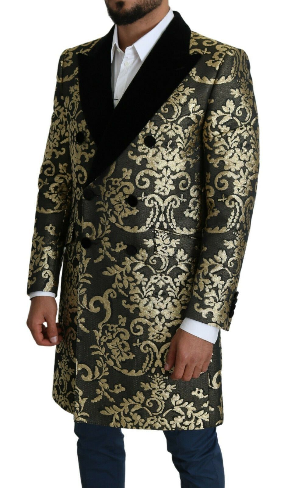 Dolce & Gabbana black and gold jacquard long coat with intricate pattern, Sicilia jacket style, luxurious fashion outerwear.