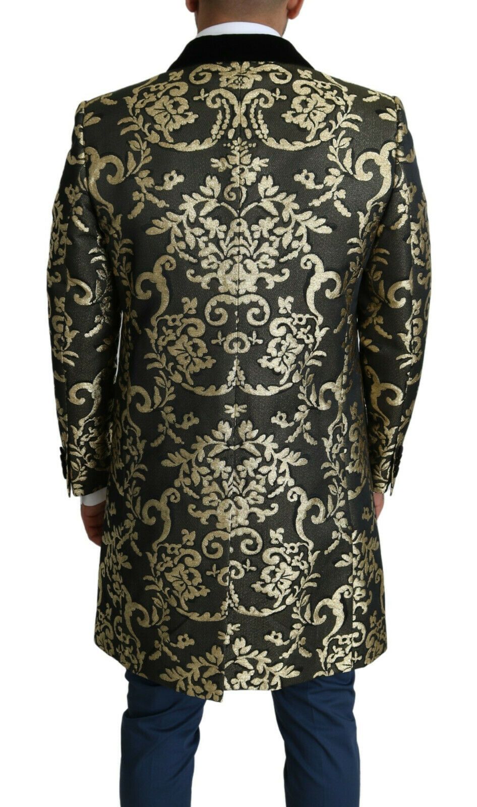Dolce & Gabbana black and gold jacquard long coat, Sicilia jacket style, with intricate pattern and tailored fit.