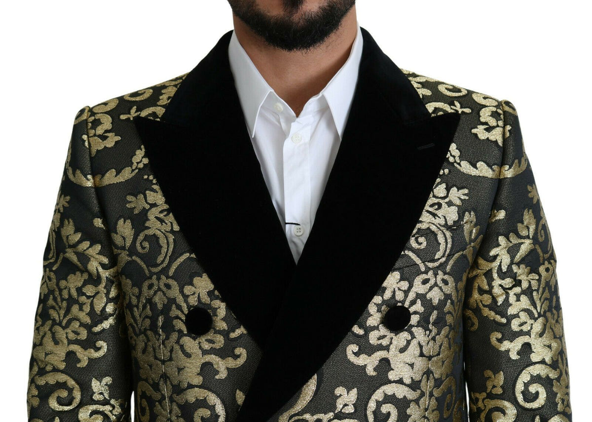Dolce & Gabbana black and gold jacquard long coat with Sicilia jacket styling and intricate pattern details.