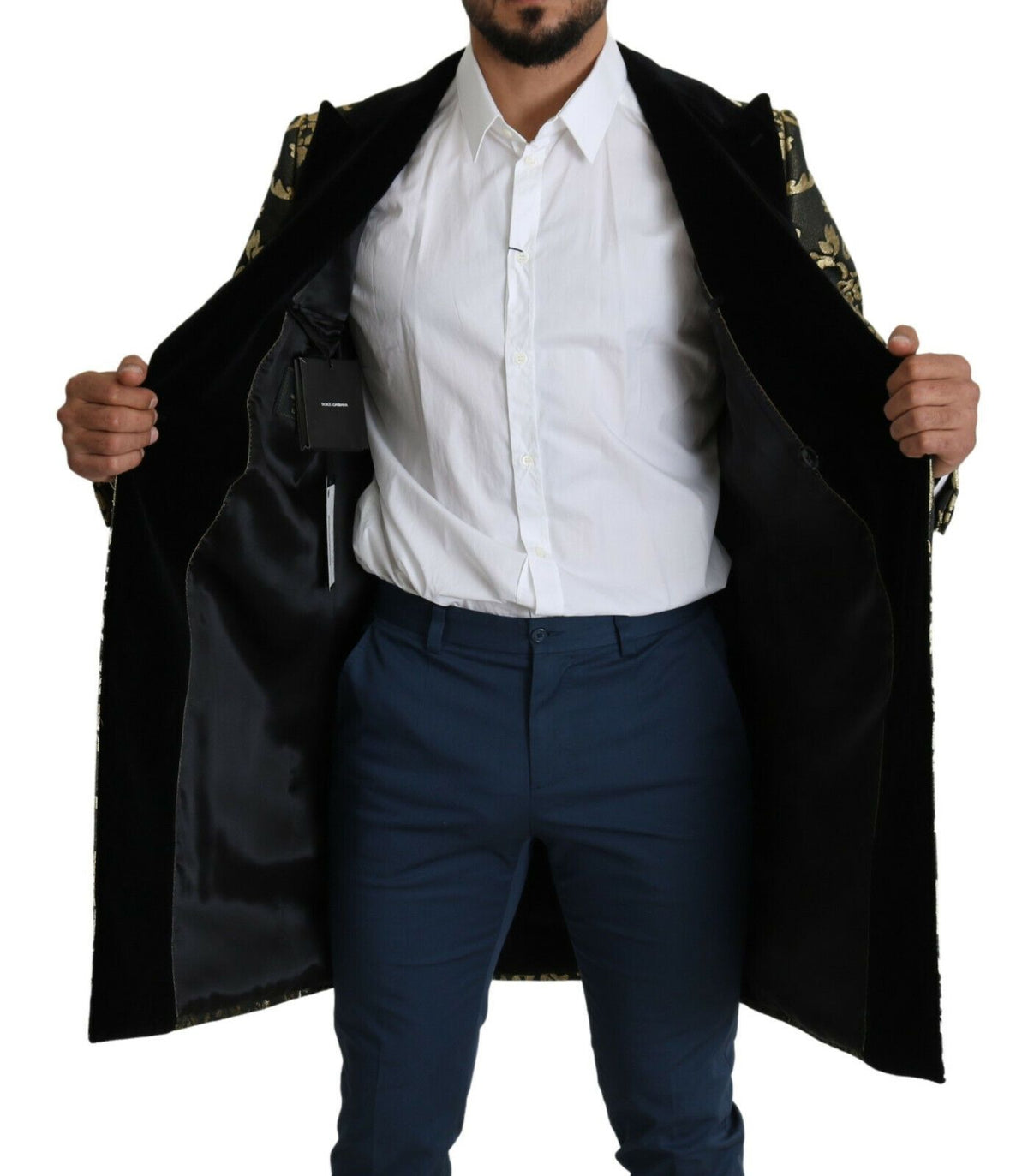 Dolce & Gabbana Sicily black and gold jacquard long coat with intricate pattern and tailored fit, luxurious outerwear for women.