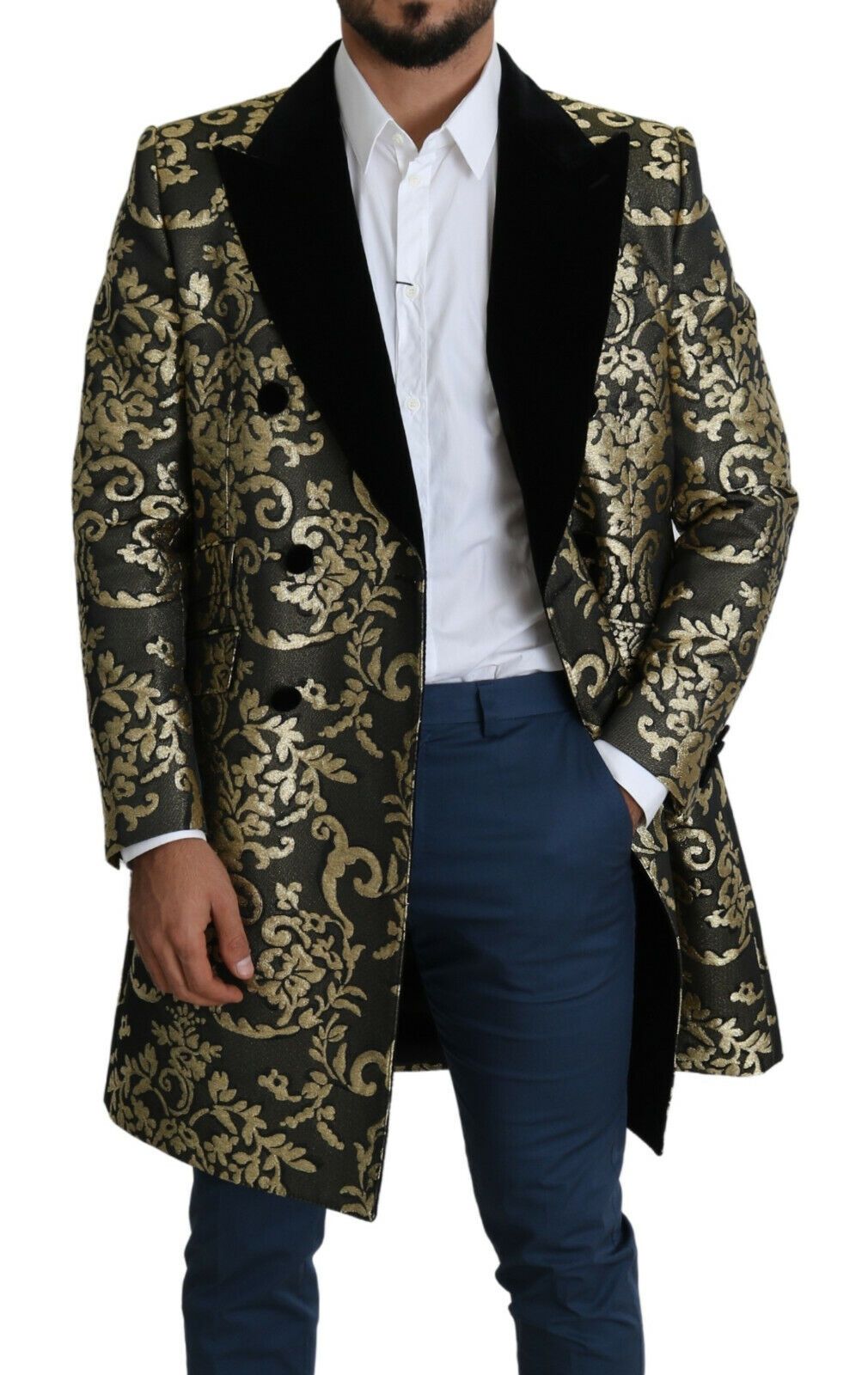 Dolce & Gabbana black and gold jacquard long coat with Sicilia jacket style, featuring intricate pattern and luxurious fabric.