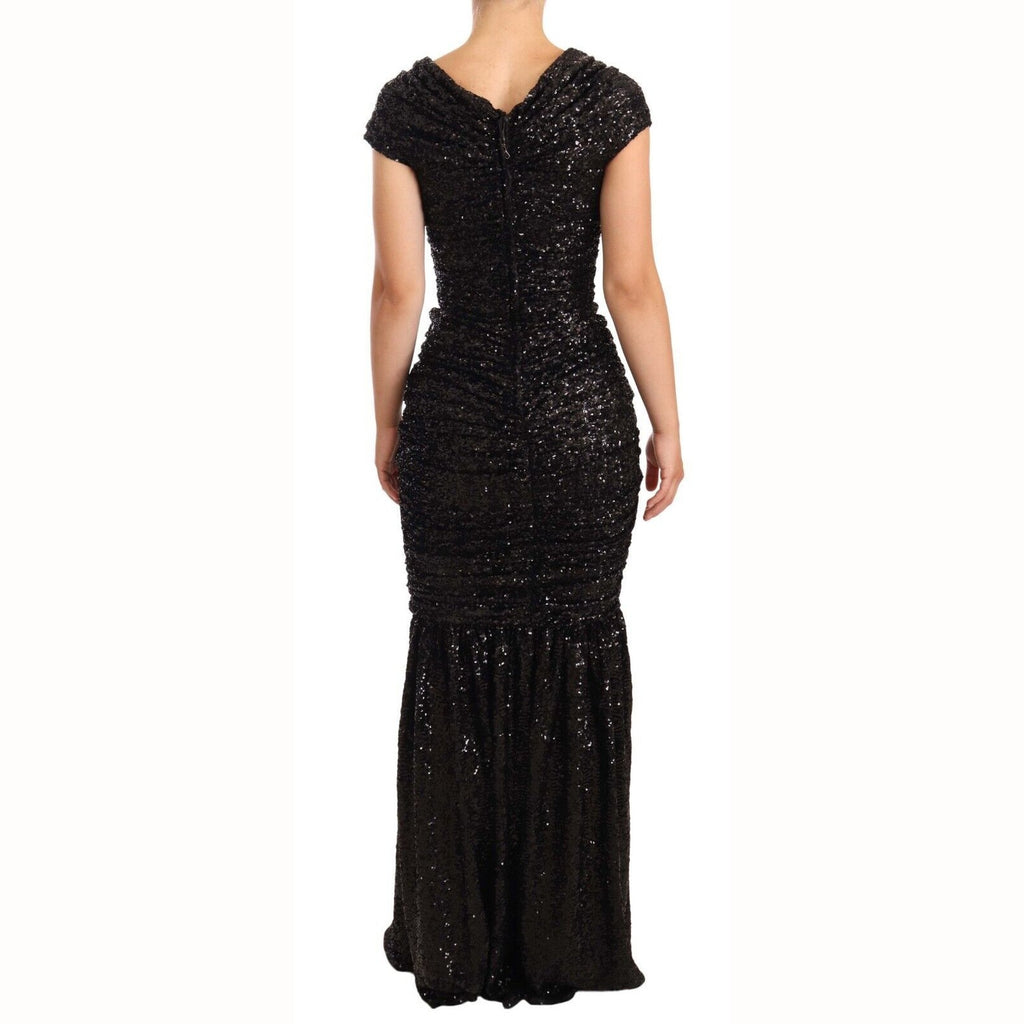Dolce & Gabbana Black Sequined Open Shoulder Long Gown Dress