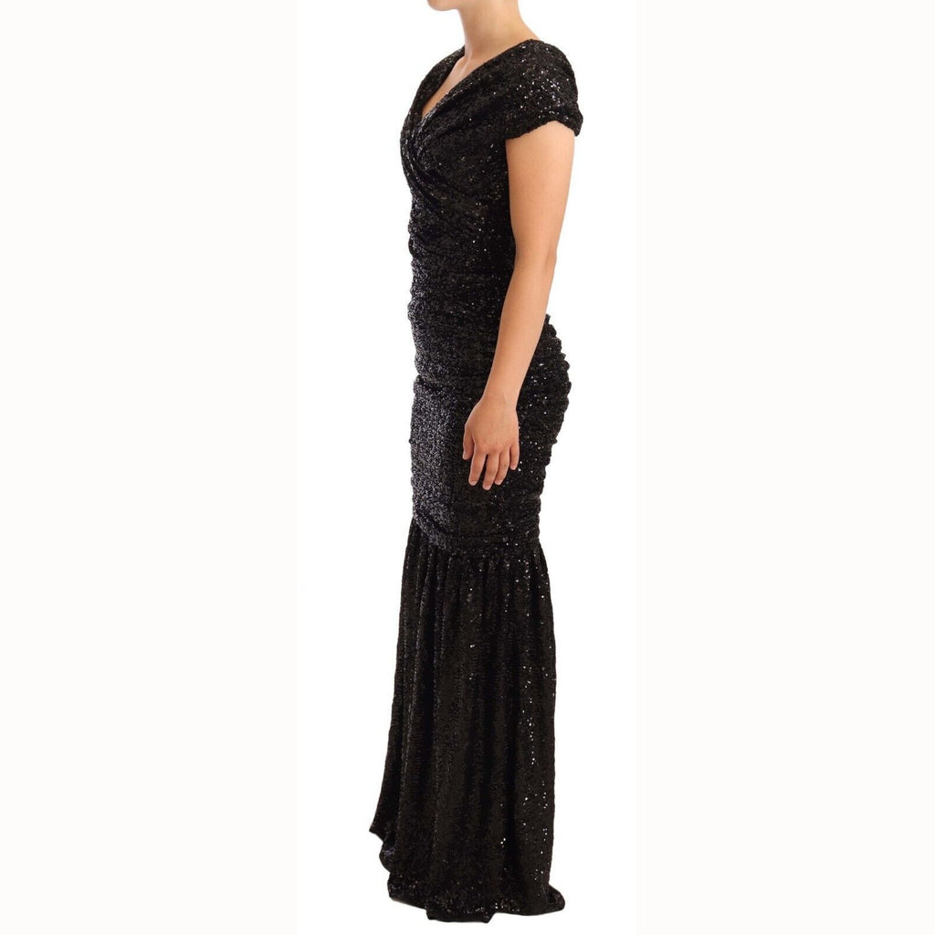 Dolce & Gabbana Black Sequined Open Shoulder Long Gown Dress