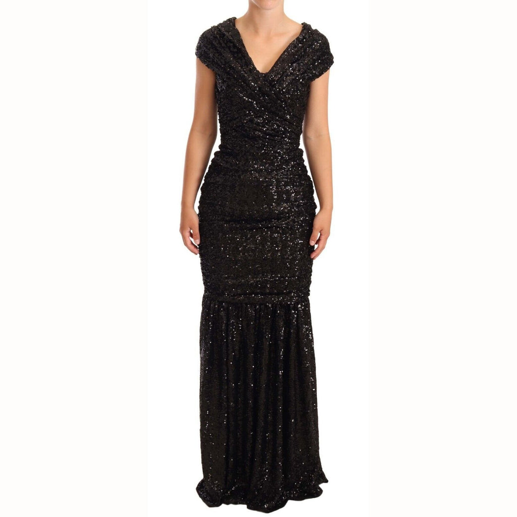 Dolce & Gabbana Black Sequined Open Shoulder Long Gown Dress